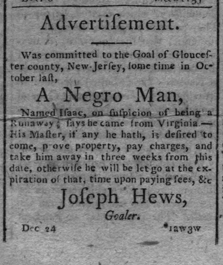 1795 New Jersey Jailor ad for captured suspected fugitive slave Isaac.